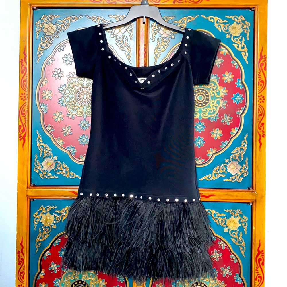 Vintage Black Cocktail Dress with Feathers